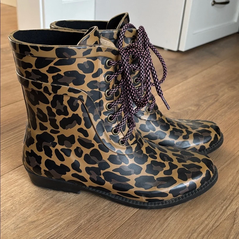 J. Crew Lace-Up Rain Boots in Leopard
